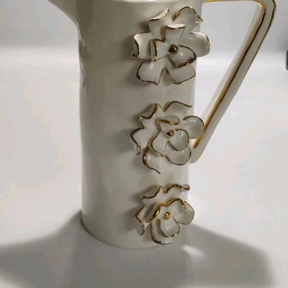 Brenda Holzke Studio B Cream Pitcher 3D Flowers & Gold Edging